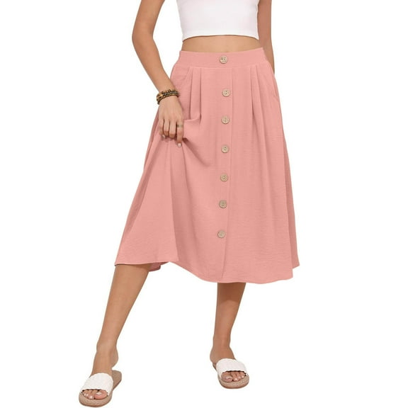 Kilaqueen Midi Skirts for Women Casual Summer Flowy High Waist Button Front Pleated Zipper Back A Line Skirts with Pockets