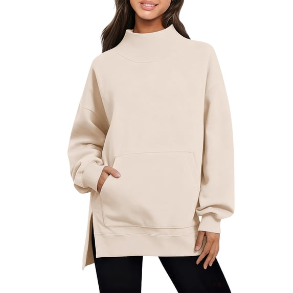 Kilaqueen Mock Neck Womens Sweatshirt Mock Neck Long Sleeve Solid Color Pullover Tops Loose Fit No Hood Fashion Sweatshirt