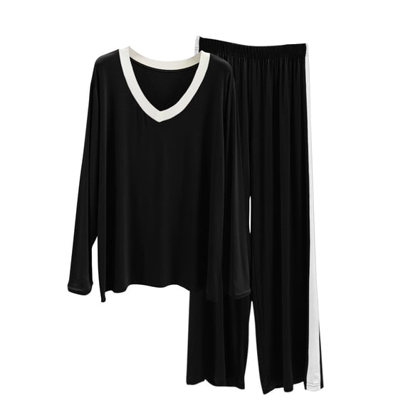 Kilaqueen Modal Pajamas for Women Set V Neck Long Sleeve Tops Elastic Waist Long Pants Solid Color Lightweight Soft Comfy Pj Sets
