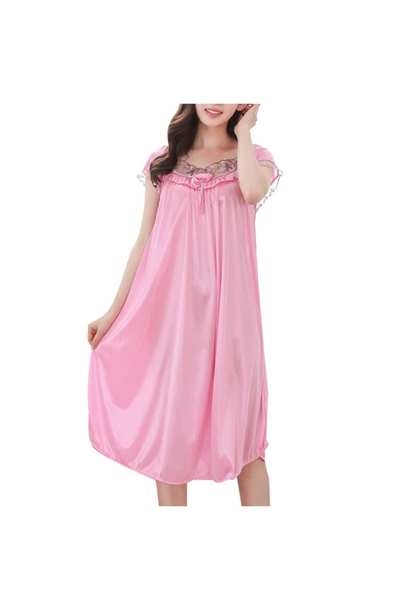 Nightgowns for Women Ice Silk Lace Ruffles Short Sleeve Boat-Neck Mid Long Nightdress Casual Trendy Solid Color Comfy Sleep Gowns
