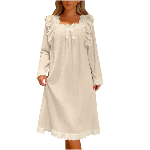 Kilaqueen Nightgowns for Women Jacquard Square Neck Cute Bowknot Long Sleeve Lace Trim Ruffle Pajamas Dress Fall Winter Comfy Loose Sleepwear