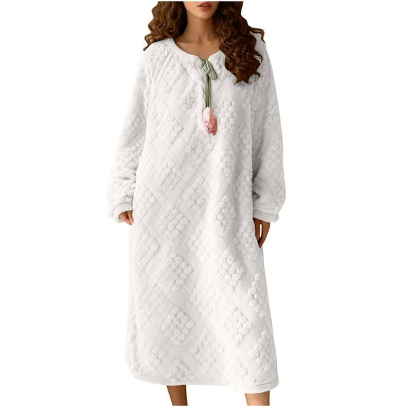 Kilaqueen Nightgowns for Women Long Sleeve Crew Neck Flannel Fuzzy Cozy Loungewear Fall Winter Warm Solid Color Night Dress