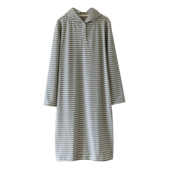Kilaqueen Nightgowns for Women Striped Henley Neck Long Sleeve Midi Nightdress with Hooded Loose Comfy Soft Fall Winter Pullover Sleepdress