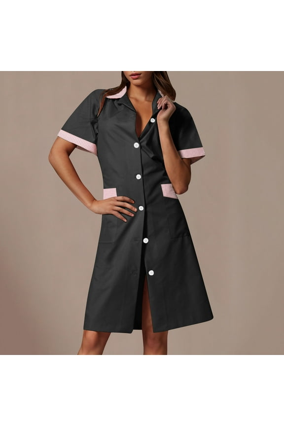 Nurse Dress for Women Button Down Lapel Short Sleeve Scrub Uniforms Housekeeping Salons Spa Pocket Work Dresses
