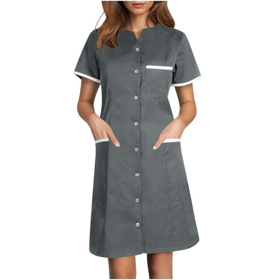 Kilaqueen Nurse Scrubs Dress for Women Button-Down Lapel Short Sleeve Work Dress with Pockets Comfy Nursing Medical Uniform
