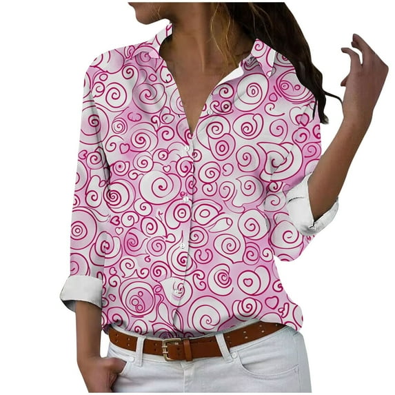 Kilaqueen October Breast Cancer Awareness Shirts for Women Pink Ribbon Print Long Sleeve Collared V Neck Button Down Business Work Blouses Dressy Casual Office Shirt