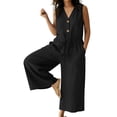 thumbnail image 1 of Kilaqueen One Piece Jumpsuits for Women Summer Cotton Linen Jumpsuits Loose V Neck Button Down Drawstring Wide Leg Pants Rompers Overall with Pockets, 1 of 6