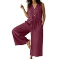 thumbnail image 1 of Kilaqueen One Piece Jumpsuits for Women Summer Cotton Linen Jumpsuits Loose V Neck Button Down Drawstring Wide Leg Pants Rompers Overall with Pockets, 1 of 6