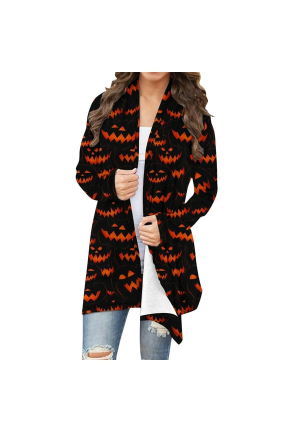 Oversized Cardigans for Women Halloween Pumpkin Bat Print Casual Long Sleeve Open Front Knitted Sweater Cardigans Halloween Costumes