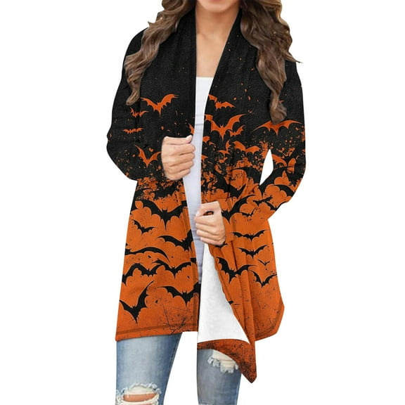 Kilaqueen Oversized Cardigans for Women Halloween Pumpkin Bat Print Casual Long Sleeve Open Front Knitted Sweater Cardigans Halloween Costumes