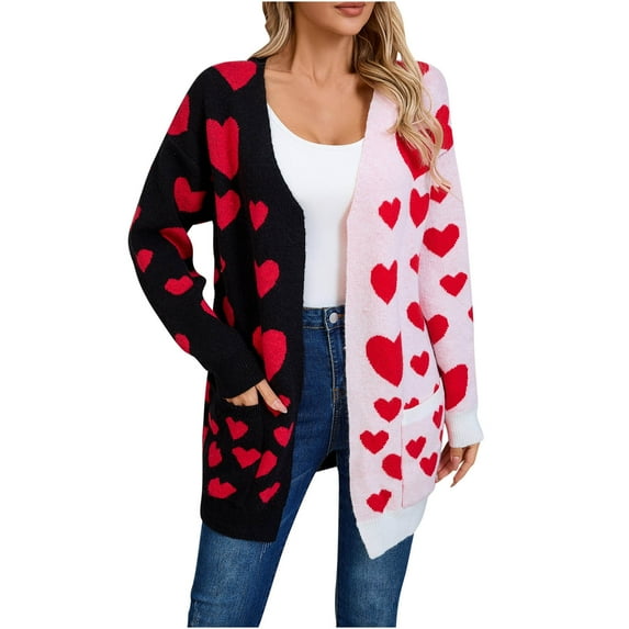Kilaqueen Oversized Cardigans for Women Valentine Cute Love Print Open Front Knit Cardigan Sweaters Casual Trendy Versatile Cardigan
