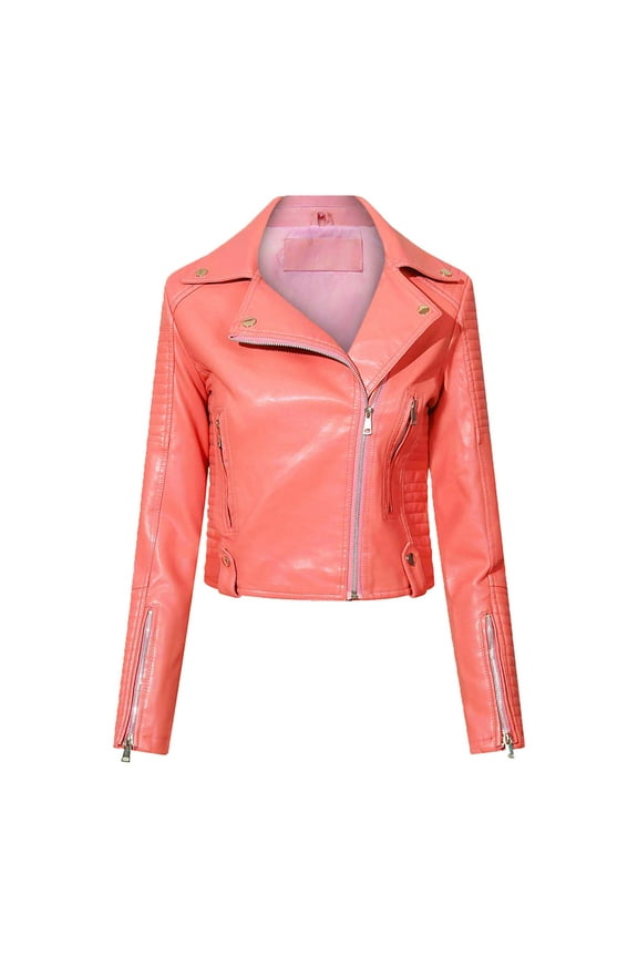PU Leather Jacket Women Zip Up Long Sleeve Bomber Crop Outerwear Slim Fit Motorcycle Crop Jacket