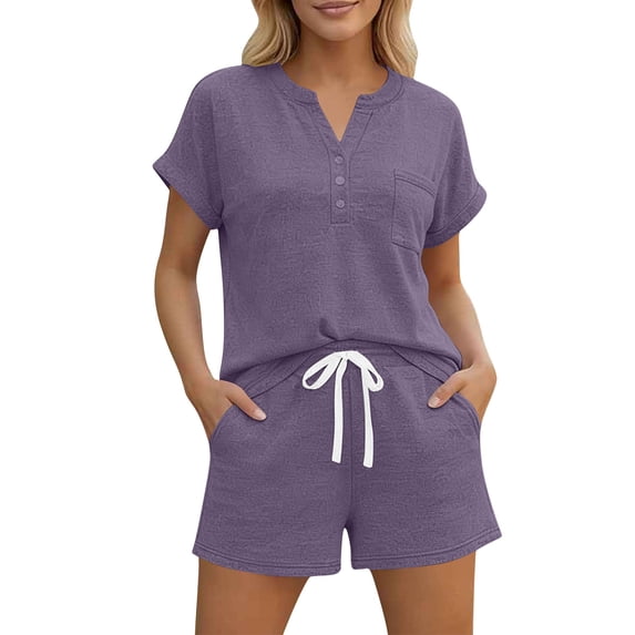 Kilaqueen Pajamas for Women Set 2 Piece Lounge Sets Short Sleeve Henley Top and Shorts with Pockets Pj Set Sleepwear Outfits