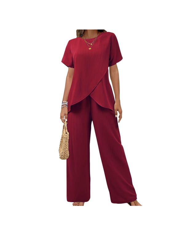 Pants Suits for Women Dressy Casual Summer Outfits Short Sleeve Ruffle Layered Tops Wide Leg Pants Matching Set Formal Guest Outfit
