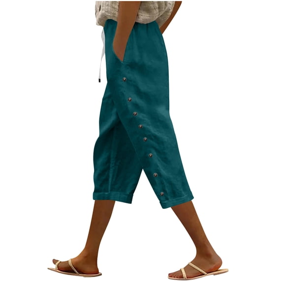 Kilaqueen Pants Women Side Button Striped Elastic Waist Straight Leg Pants Lightweight Beach Trousers with Pockets