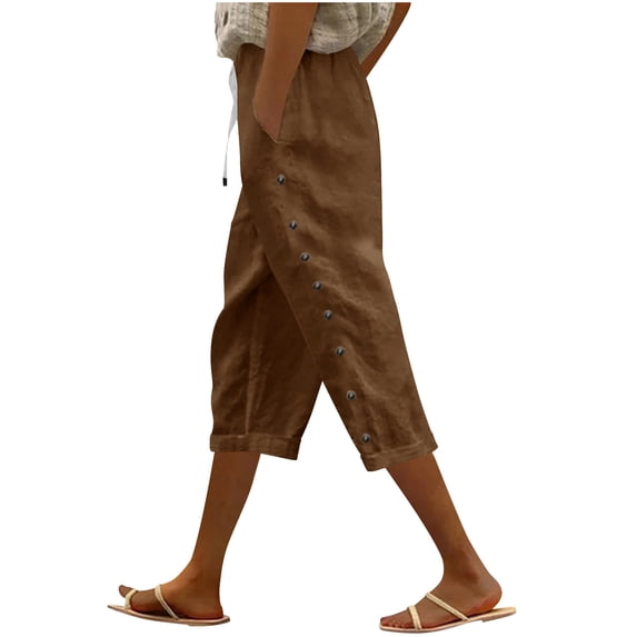 Kilaqueen Pants Women Side Button Striped Elastic Waist Straight Leg Pants Lightweight Beach Trousers with Pockets