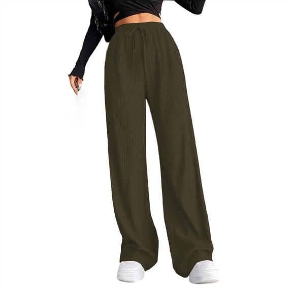 Kilaqueen Pants for Women Textured Straight Leg Drawstring Elastic Waist Ribbed Trousers Casual Solid Color Comfy Soft Lounge Pants