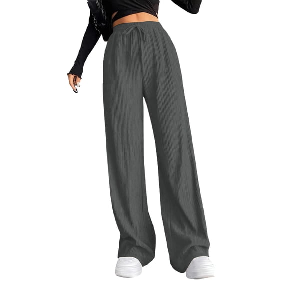 Kilaqueen Pants for Women Textured Straight Leg Drawstring Elastic Waist Ribbed Trousers Casual Solid Color Comfy Soft Lounge Pants