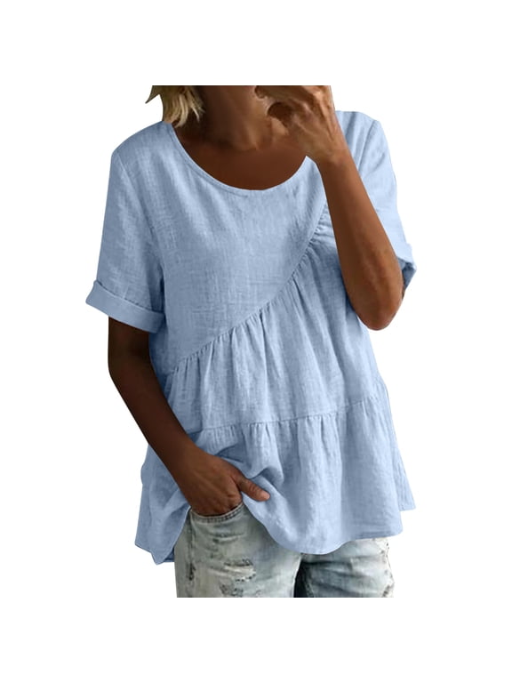 Peplum Tops for Women Short Sleeve Rolled Cuff Flowy Pleated Babydoll Tops Summer Causal Loose Trendy Dressy Blouse