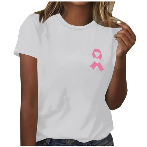 Kilaqueen Pink Ribbon Heart Shirt for Women Breast Cancer Survivor T-Shirts Casual Loose Crew Neck Short Sleeve Cancer Awareness Tee Tops