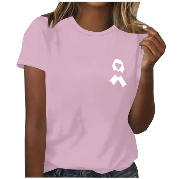 Kilaqueen Pink Ribbon Heart Shirt for Women Breast Cancer Survivor T-Shirts Casual Loose Crew Neck Short Sleeve Cancer Awareness Tee Tops