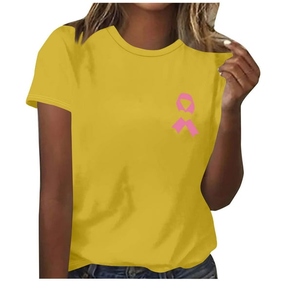 Kilaqueen Pink Ribbon Heart Shirt for Women Breast Cancer Survivor T-Shirts Casual Loose Crew Neck Short Sleeve Cancer Awareness Tee Tops