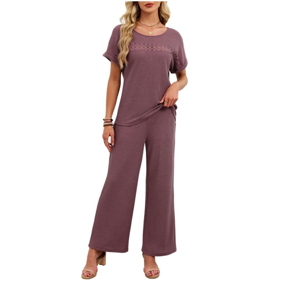 Kilaqueen Pj Sets for Woman Short Sleeve Crew Neck Tops and Long Pants Solid Color Comfy Soft 2 Piece Pajamas Sets