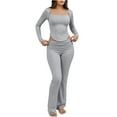 thumbnail image 1 of Kilaqueen Pj Sets for Woman Square Neck Long Sleeve Slim Fit Tops and Low Elastic Waist Flare Pants Trendy Solid Color Soft Comfy Lounge Sleepwear, 1 of 5