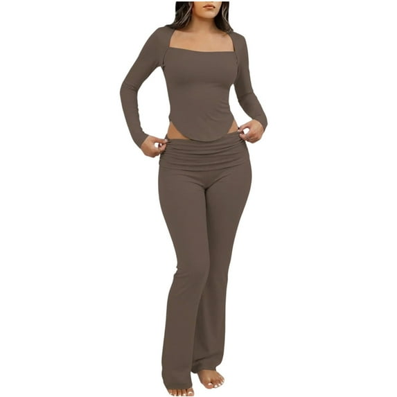 Kilaqueen Pj Sets for Woman Square Neck Long Sleeve Slim Fit Tops and Low Elastic Waist Flare Pants Trendy Solid Color Soft Comfy Lounge Sleepwear