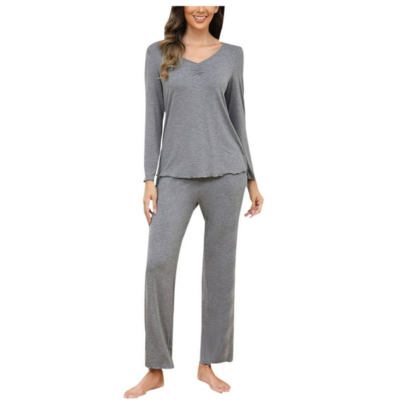 Kilaqueen Pj Sets for Woman V Neck Pleated Front Long Sleeve and Long Pants Solid Color Soft Comfy Ruffled Hem Pajamas Sets