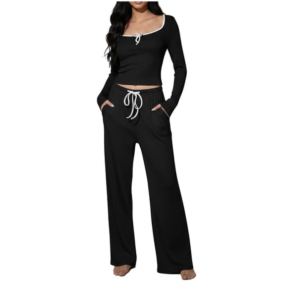 Kilaqueen Pjs Sets for Women Long Sleeve Square Neck Tops Drawstring Elastic Waist Full Pants Matching Pajamas Set