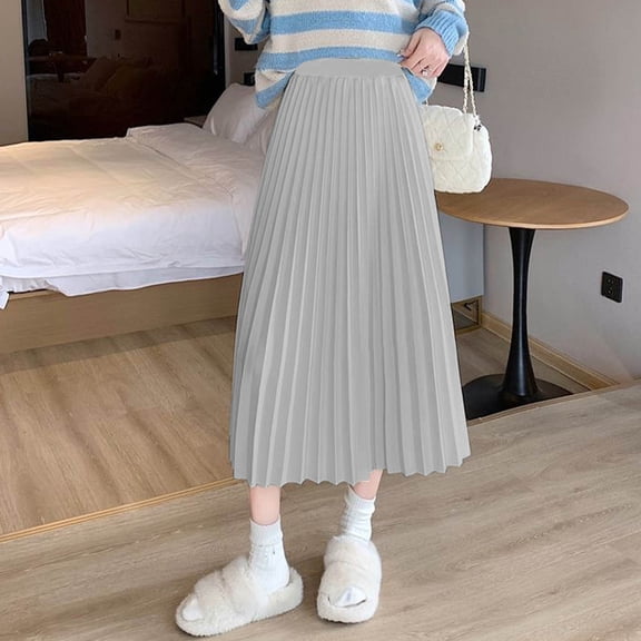 Kilaqueen Pleated Midi Skirts for Women A Line Elastic High Waisted Summer Flowy Satin Swing Skirt Beach Maxi Skirt