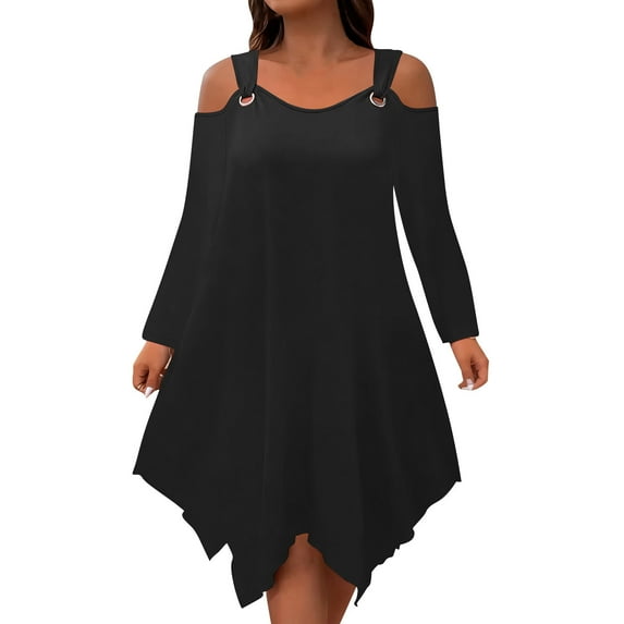 Kilaqueen Plus Size Dresses for Women Long Sleeve Suspenders Off Shoulder Crew Neck Dress Solid Color Loose Fit Flowy Dresses
