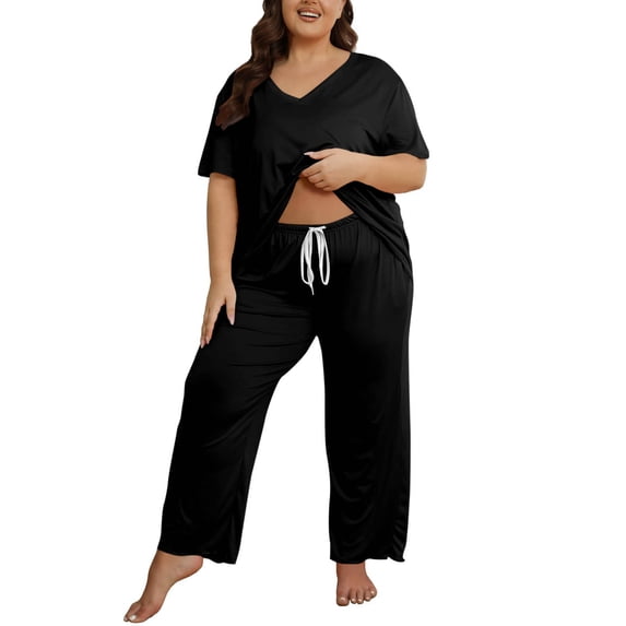 Kilaqueen Plus Size Pajama Sets for Women Loose Comfy Short Sleeve V-Neck Tops and Drawstring Sleep Pants Two Piece Outfits Loungewear Sleepwear