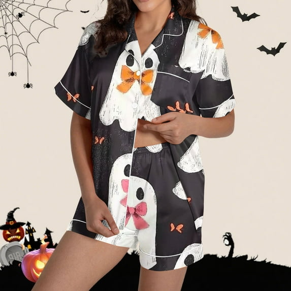 Kilaqueen Plus Size Pajamas for Women Set Trendy Ghost Pumpkin Graphic Halloween Pajamas Soft Satin Fall Pajamas Women Lightweight Short Pjs Loungewear