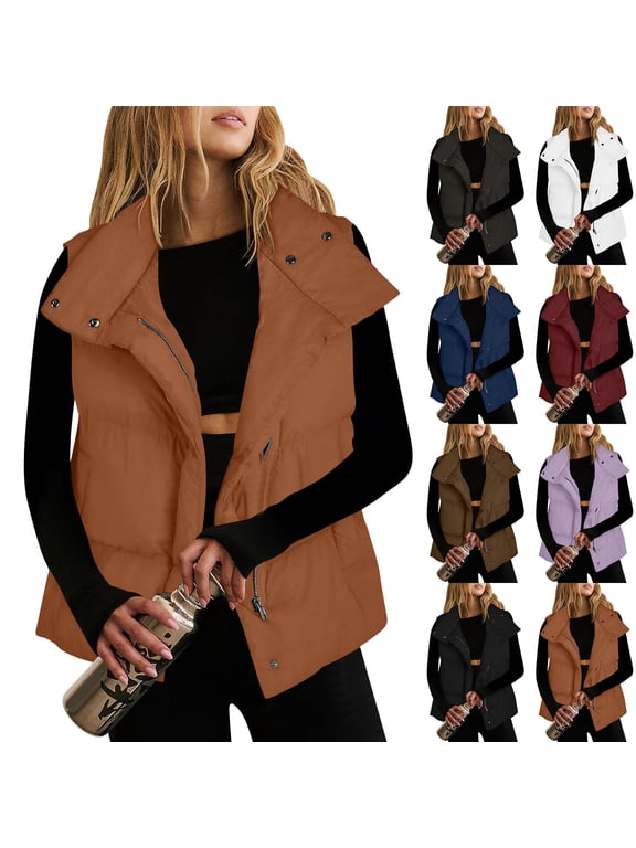 Plus Size Puffer Vest Women Casual Fashion Stand Collar Sleeveless Jackets with Pockets Zip Up Cropped Coat Warm Winter Lightweight Outerwear