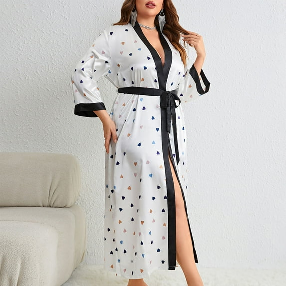 Kilaqueen Plus Size Silk Robes for Women Classic Vintage Floral Print Long Satin Robes Sleepwear Nightgown Dressing Gown Wedding Robe Kimono Cover-Up Nightgown Loungewear Blouse