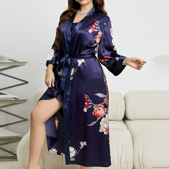 Kilaqueen Plus Size Silk Robes for Women Classic Vintage Floral Print Long Satin Robes Sleepwear Nightgown Dressing Gown Wedding Robe Kimono Cover-Up Nightgown Loungewear Blouse