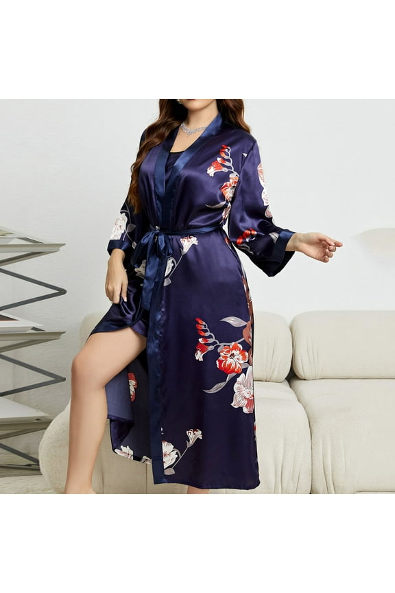 Plus Size Silk Robes for Women Classic Vintage Floral Print Long Satin Robes Sleepwear Nightgown Dressing Gown Wedding Robe Kimono Cover-Up Nightgown Loungewear Blouse