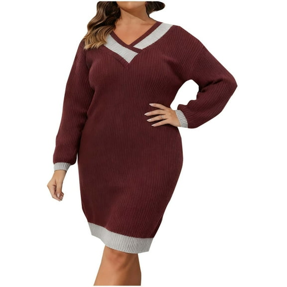 Kilaqueen Plus Size Sweater Dresses for Women 2025 Cable Knit V Neck Long Sleeve Color Block Pullover Tunic Sweaters Casual Loose Fall Dresses
