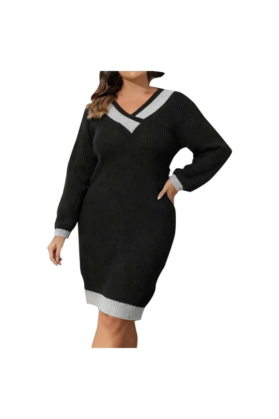 Plus Size Sweater Dresses for Women 2025 Cable Knit V Neck Long Sleeve Color Block Pullover Tunic Sweaters Casual Loose Fall Dresses