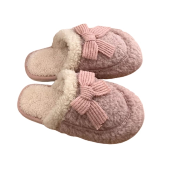 Kilaqueen Plush Cute Bow Slippers for Women Furry Comfy Indoor Outdoor Non-Slip House Slippers Winter Cotton Warm Bedroom Slides Slippers Memory Foam Cozy Slip On Slippers