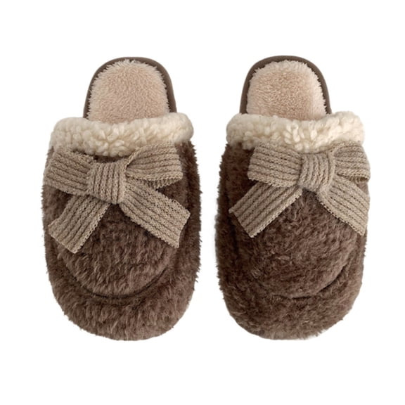 Kilaqueen Plush Cute Bow Slippers for Women Furry Comfy Indoor Outdoor Non-Slip House Slippers Winter Cotton Warm Bedroom Slides Slippers Memory Foam Cozy Slip On Slippers