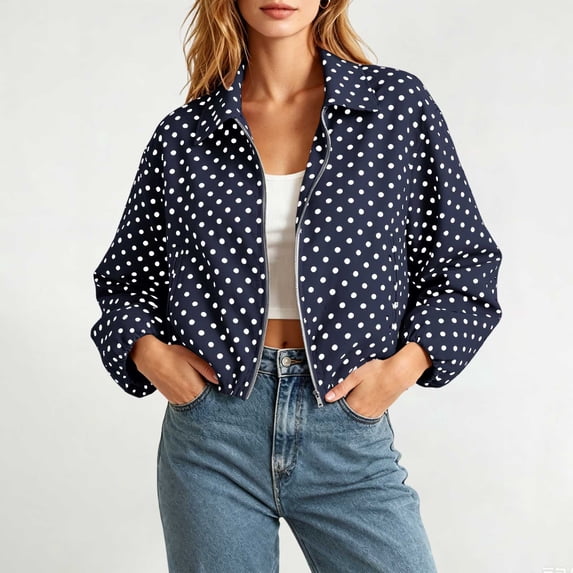 Kilaqueen Polka Dot Bomber Jacket for Women, Lapel Collar Long Sleeve Zip Up Cropped Coat with Elastic Hem, Retro Casual Outerwear for Spring and Fall