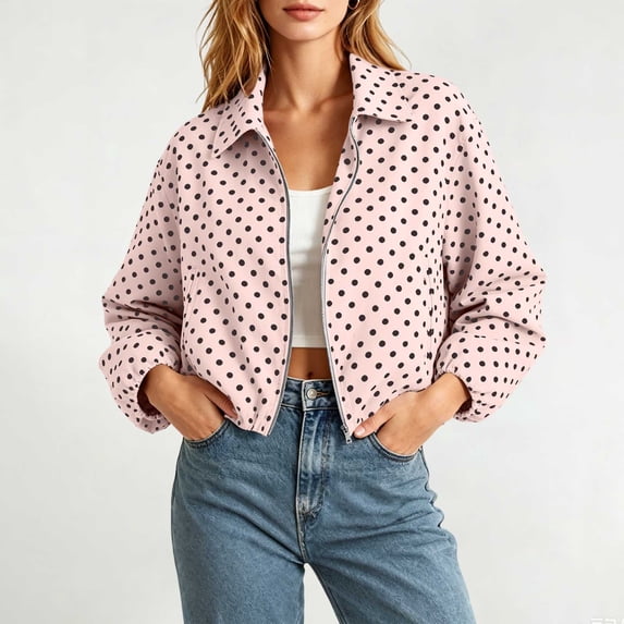 Kilaqueen Polka Dot Bomber Jacket for Women, Lapel Collar Long Sleeve Zip Up Cropped Coat with Elastic Hem, Retro Casual Outerwear for Spring and Fall
