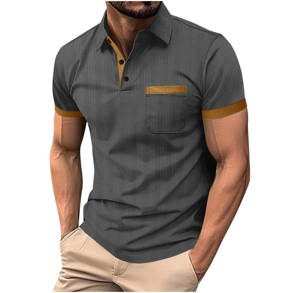 Kilaqueen Polo Shirts for Men Short Sleeve Contrast Color Golf Shirt 3 Button Collar Business Work Summer Tees Top Shirt with Pocket Front