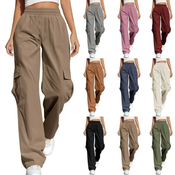 Kilaqueen Pull On Lounge Pants for Women Casual Straight Leg Cargo Pants Elastic Waist Trousers with Pockets Stretch Moisture Wicking Travel Pants