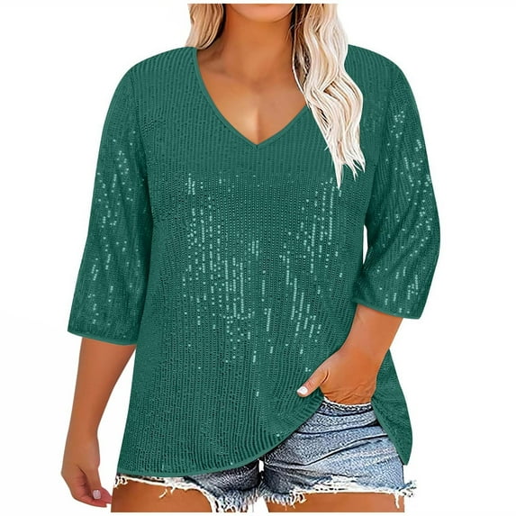 Kilaqueen Puls Size Tops For Women Sparkle Sequin 3/4 Sleeve V Neck Pullover Tops Trendy Causal Evening Party Wedding Tops L-5XL