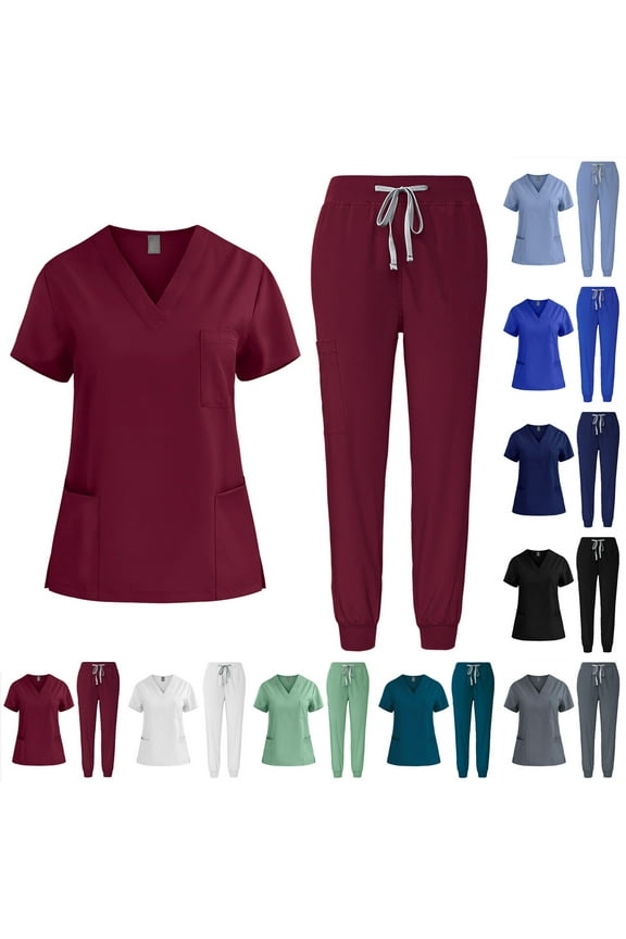 Quick Dry Scrubs for Women V Neck Work Top and Drawstring Cargo Pant Scrub Set with Pockets Stretch Short Sleeve Nursing Uniform Set