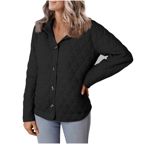 Kilaqueen Quilted Jackets for Women Button Down Long Sleeve Lapel Solid Color Coats Casual Lightweight Comfy Warm Outwear